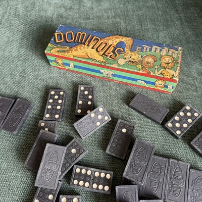 Vintage Dominosteine Set Glevum Spiele 50er Jahre Dragon Caveman Stonehenge Box komplett