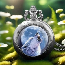 Stylish White Wolf Round Quartz Pocket Watch Precise Timekeeping Gift Men Women