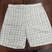 PGA Tour Men s Regular Fit Golf Shorts- Sz 34- Gray/ Fluorescent Yellow Plaid