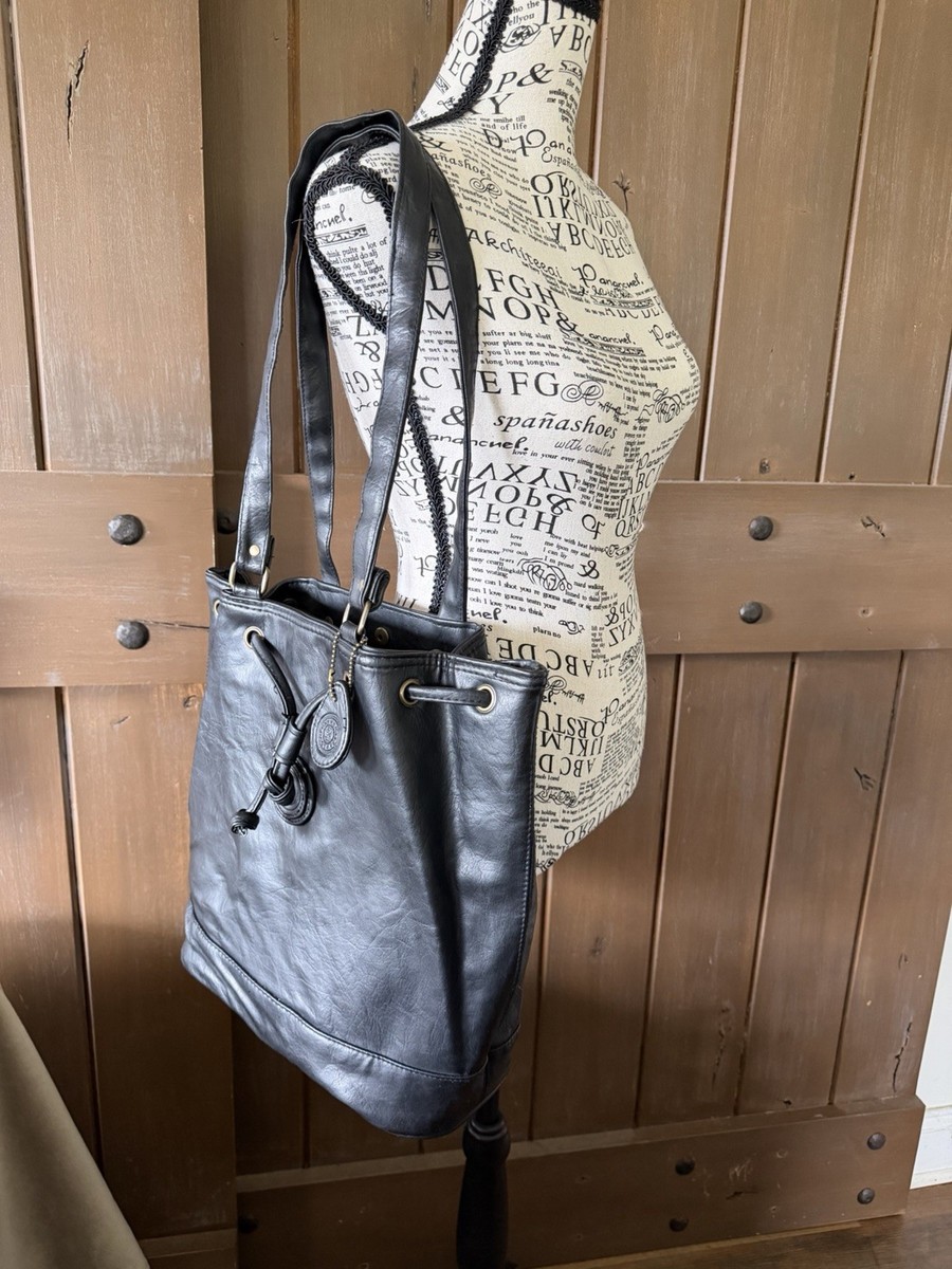 Vintage Mitzi Black Leather Bucket Bag Drawstring Crossbody 90s