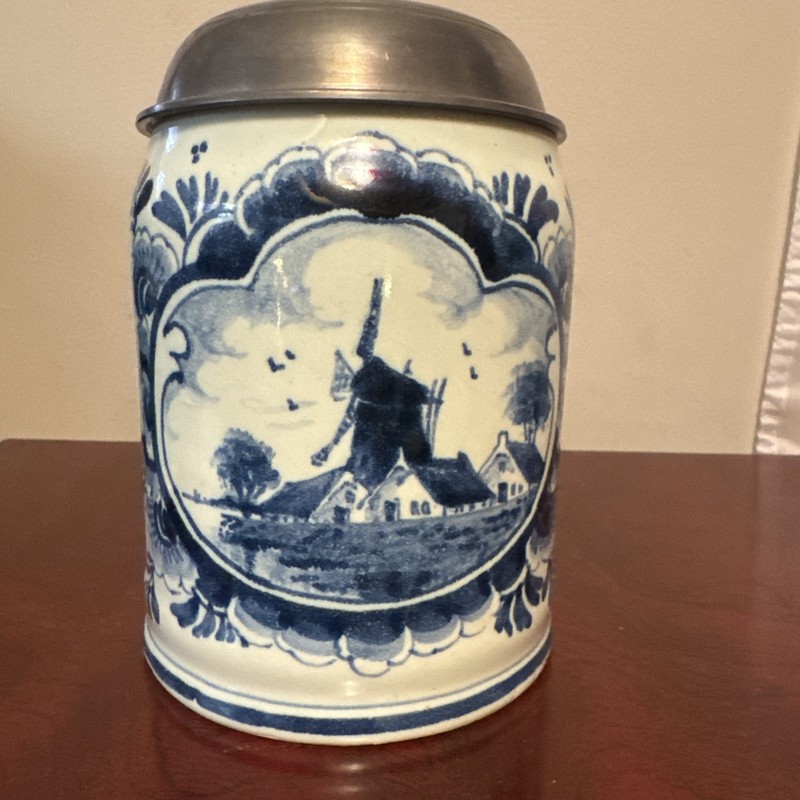 Oud Delft Pewter Lid Mug With Handpainted Windmill Scene | Excellent Condition