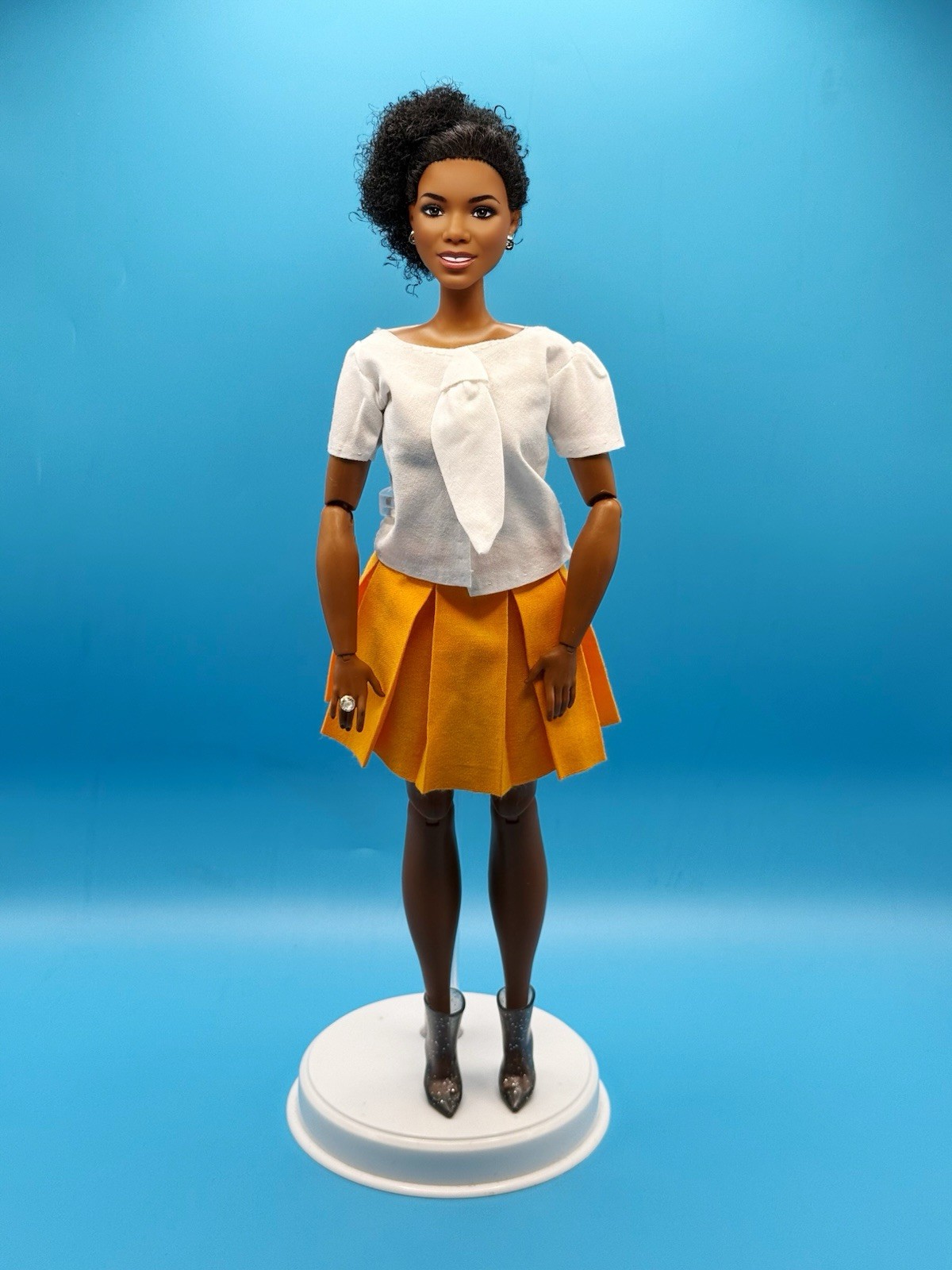 Hand-sewn White Top With Tie And Pleated Skirt For Barbie Doll ( Curvy Doll )