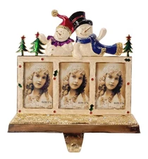 Christmas Stocking Hanger Hook Metal Jewels Enamel Snowman 3 Picture Holder 7"