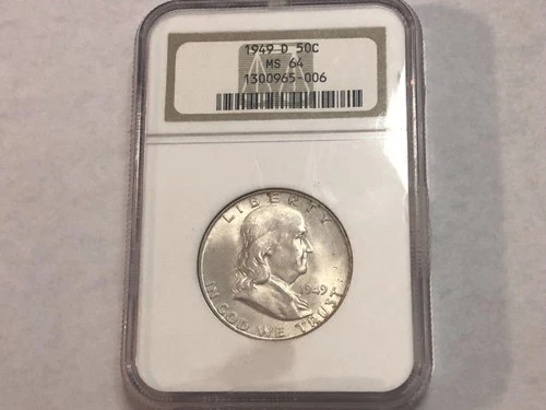 1949-D very choice BU Franklin silver half dollar. NGC MS64. #em006