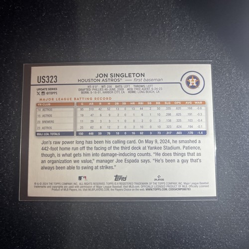 Actualización Topps 2024 Jon Singleton US323 Holiday Foil - Houston Astros - Imagen 2 de 2
