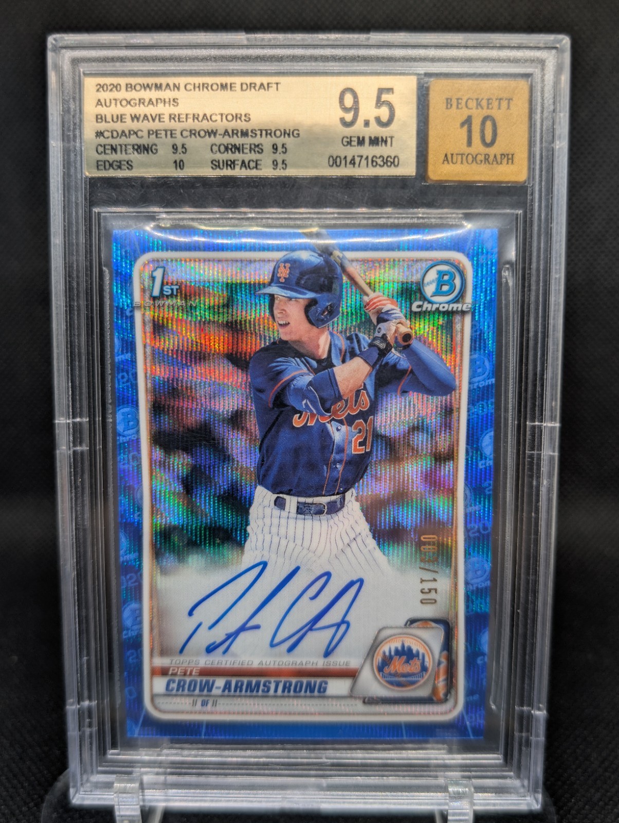Pete Crow Armstrong Auto /150 2020 Bowman 1st Chrome Blue Wave BGS 9.5 Auto 10