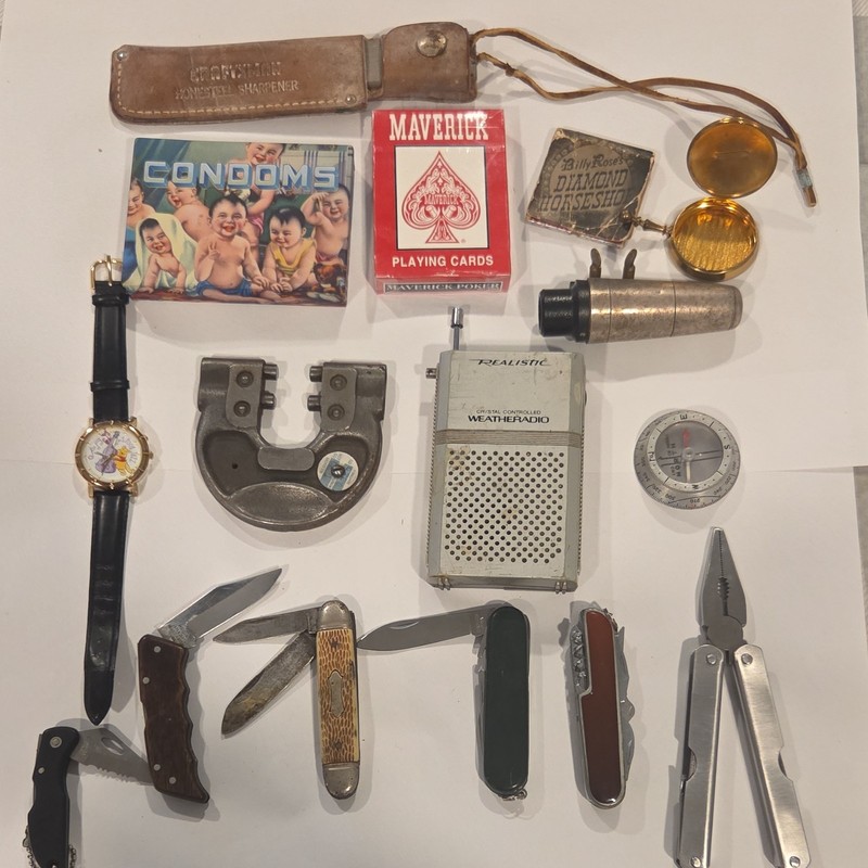 Grandpa Junk Drawer Mixed Lot Pocketknives & Multi-Tool Pliers, Radio,