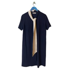 TORY BURCH Merino Blend Navy Ivory Bow Neck Shift Dress Size XL