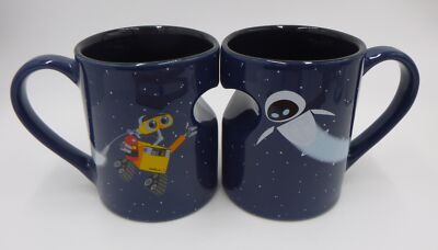 Disney Pixar Wall-E & Eve 12oz Mug Set of 2 makes Heart Ceramic Blue