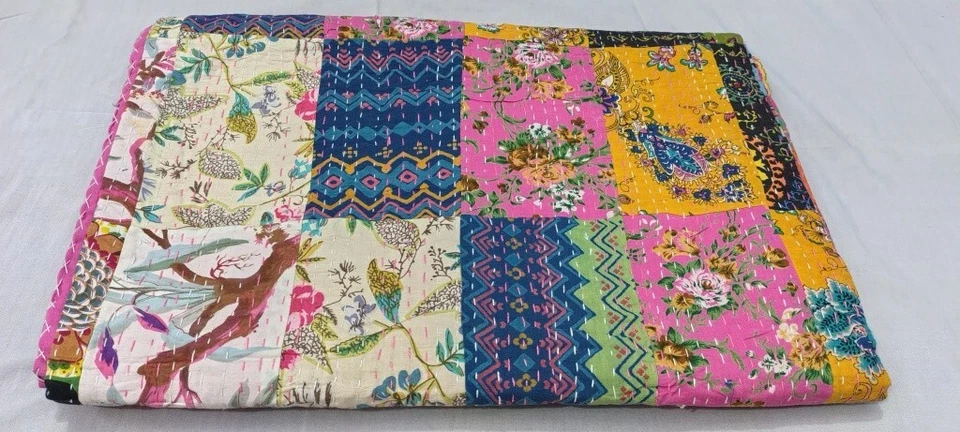 Colcha manta edredón Kantha de algodón reina retazos bloque de mano indio Foto 2 de 4