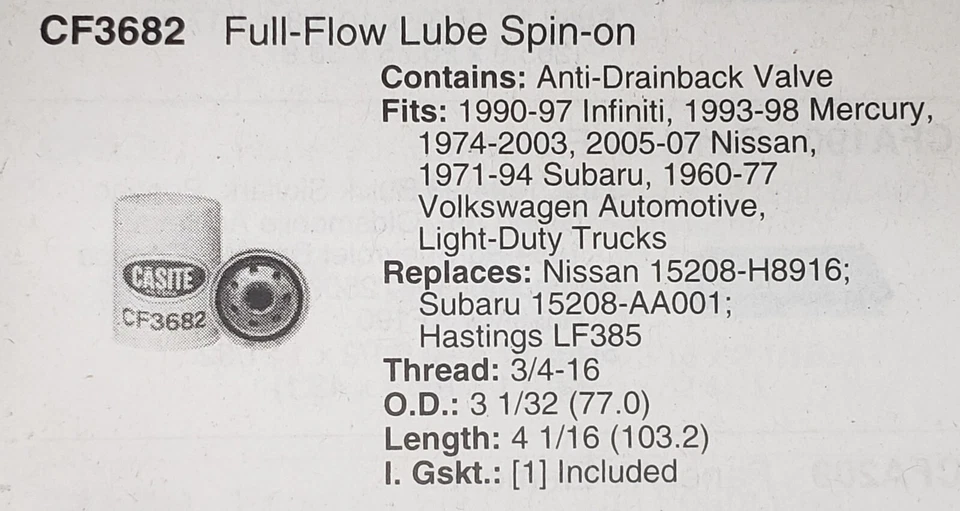Oil Filter for Infiniti Nissan Mercury Subaru, CF3682 (See Description) - Image 4 of 4