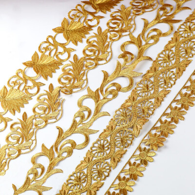 Metallic Gold Silver Ribbon Embroidered Lace Applique DIY Cosplay Costume Decor