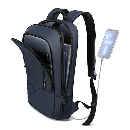 Slim Business Backpack for Men with USB Charger Fits 15.6 Inch Laptop in Blue