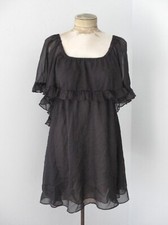 Free People black semi sheer gauzy chiffon dress off shoulder ruffles babydoll M