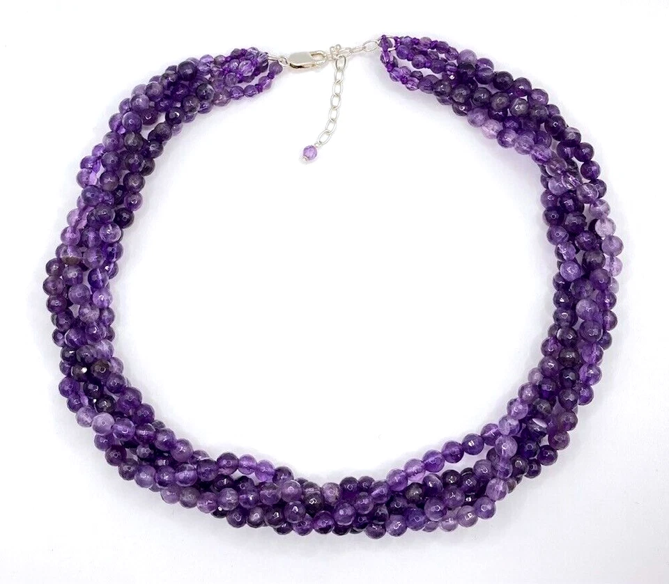 Precioso Collar Torsade Amatista Facetada 5 Hilos Capas Esterlina De Colección