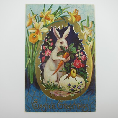 Easter Postcard Rabbit Carrot Chick Hatch Flowers Egg Gold Embossed Antique 1910