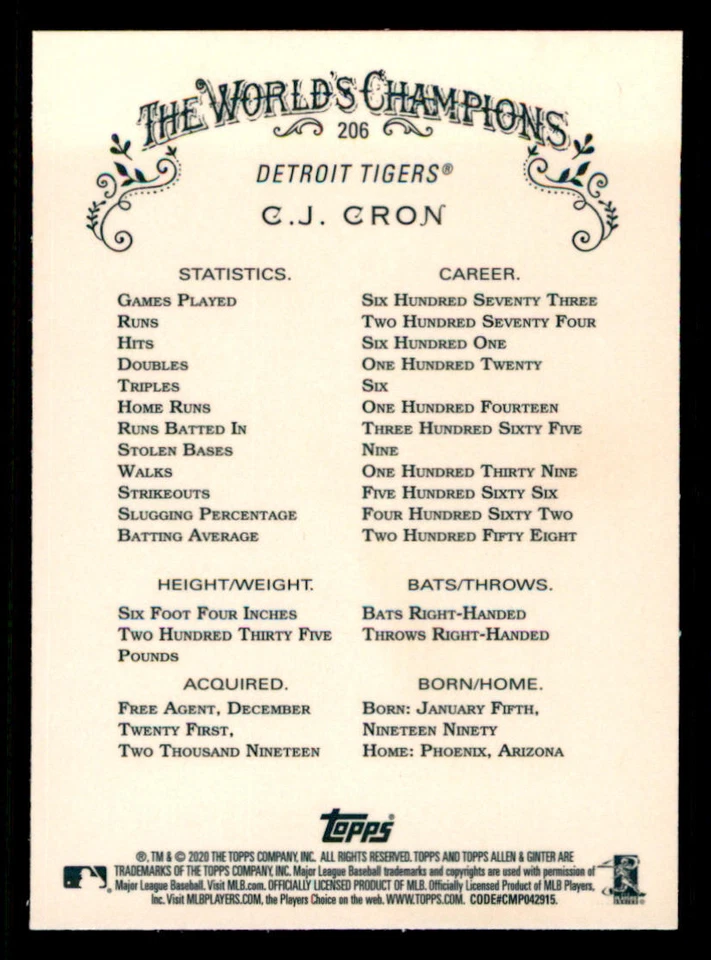 2020 Topps Allen and Ginter Chrome #206 C.J. Cron - Image 2 of 2