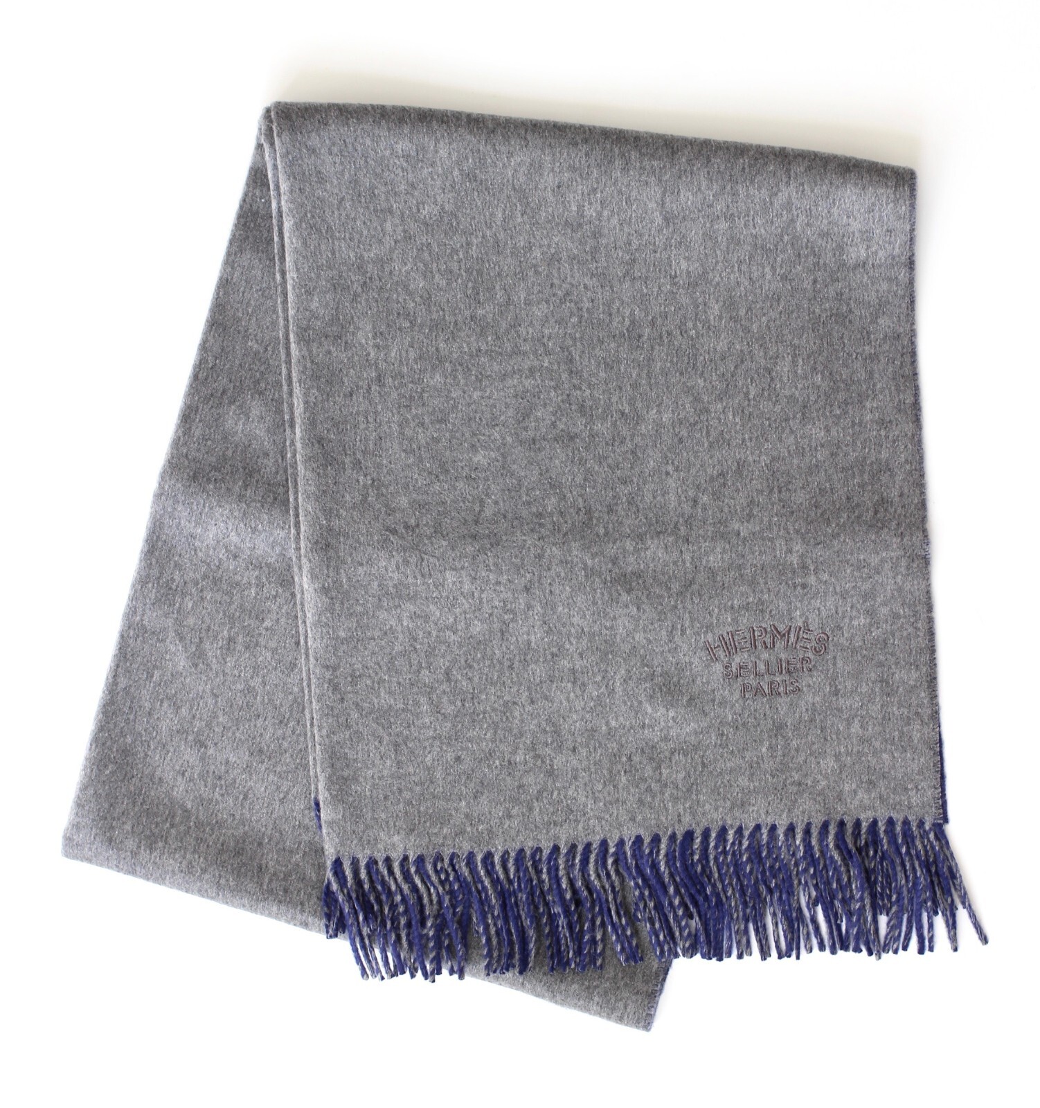 HERMES Double Face 100percent Cashmere wide big scarf stole grey blue jean 175x70cm image 8
