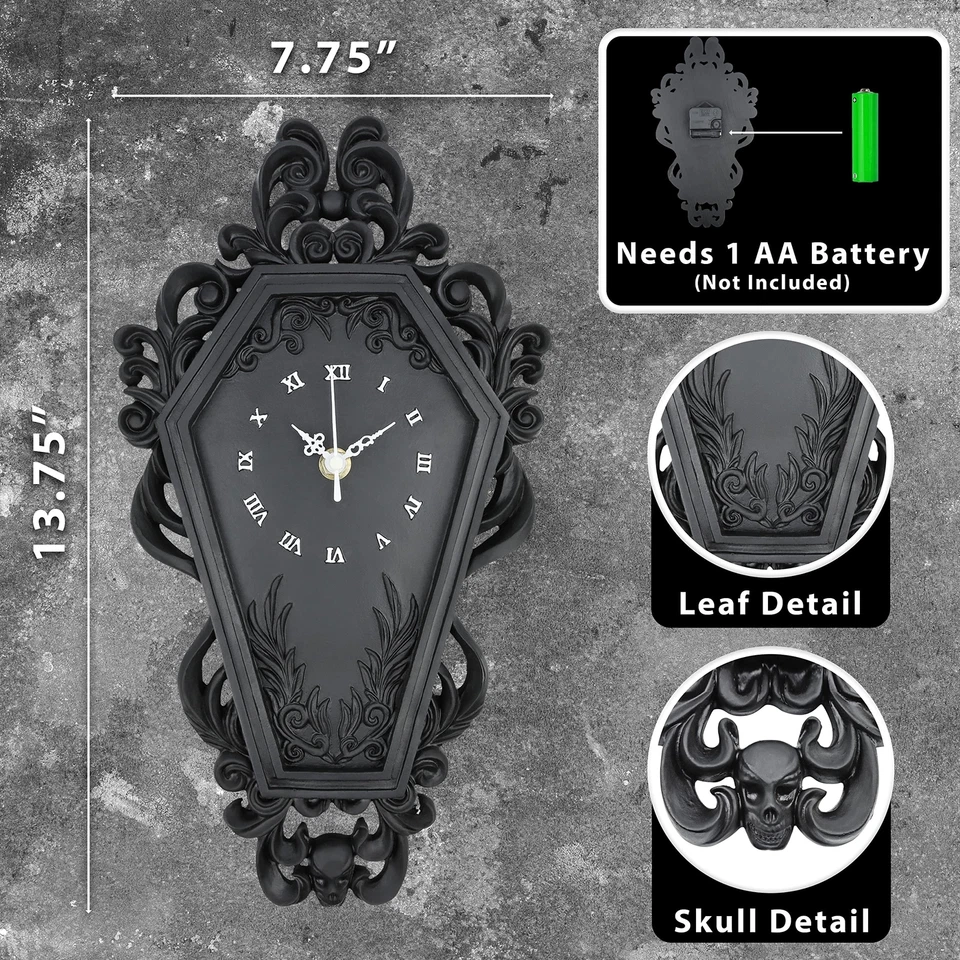 Coffin Wall Clock - Gothic Home Decor - Baroque Black Resin - Steampunk Skull... - Image 2 of 4