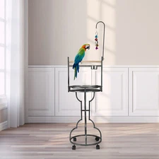 72" Antique Large Parrot Wood Perch Playground Bird Stand W/ Bowl & Wheels Metal