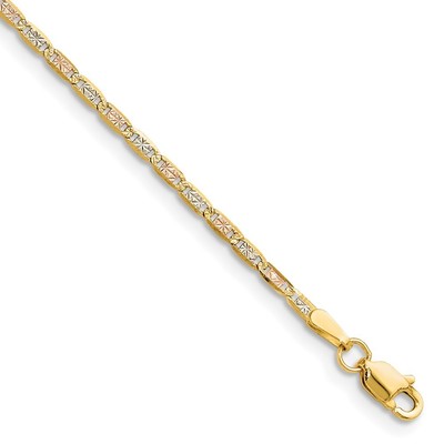 14 Karat dreifarbiges Gold 2,0 mm Valentino Kette Armband 8 Zoll für Frauen 1,54 g