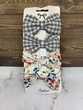 Little Girl Fabric Hair bows set of 4 with covered clips, Floral  Gray Plaid