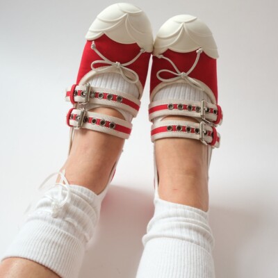 Miu Miu Ballet Flats Red White Cute Mary Jane Flat Shoes Women US
