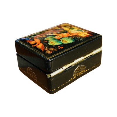 Vintage Russian Palekh Miniature Signed Black Lacquer Box Firebird