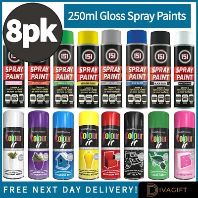 8 x GLOSS FINISH SPRAY PAINTS AEROSOL AUTO CAR MATT GLOSS WOOD METAL 250ML 400ML
