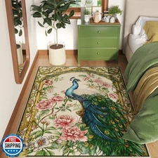 Vowkten Bedroom Rug 3x5 Rug Washable Area Rug Low Pile Floral Peacock Animal 