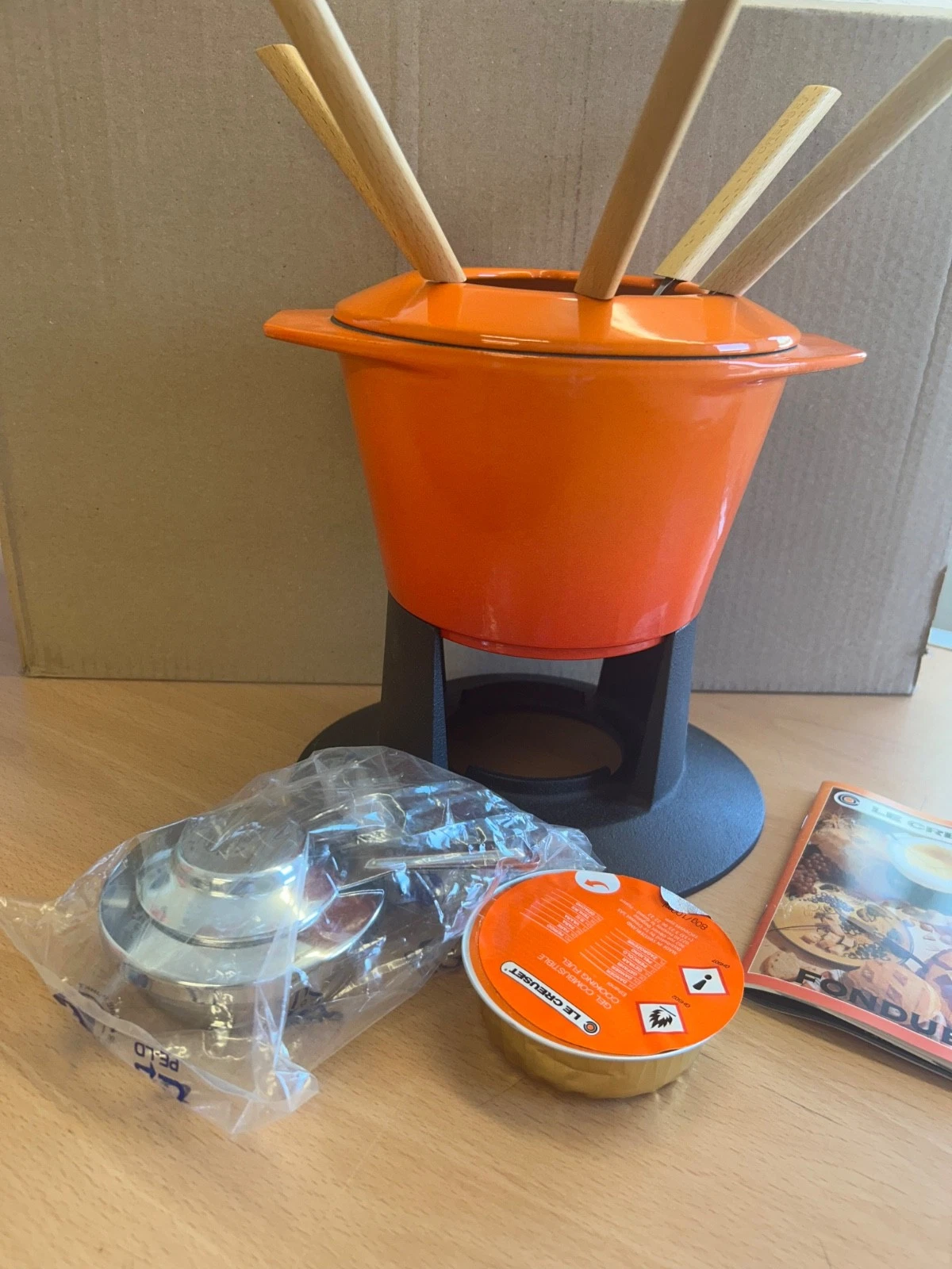 Le Creuset Cast Iron Volcanic Orange Fondue Set. NEW