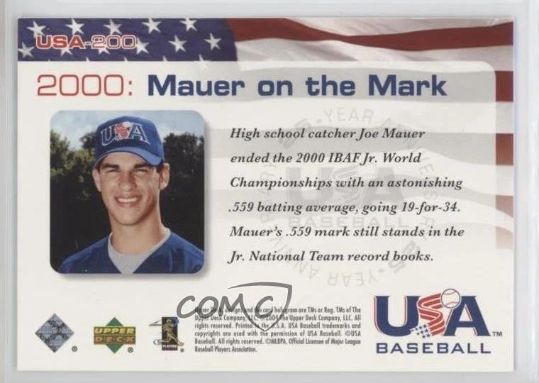 2004 Upper Deck USA Baseball 25-Year Anniversary Joe Mauer #USA-200 HOF - Image 2 of 2