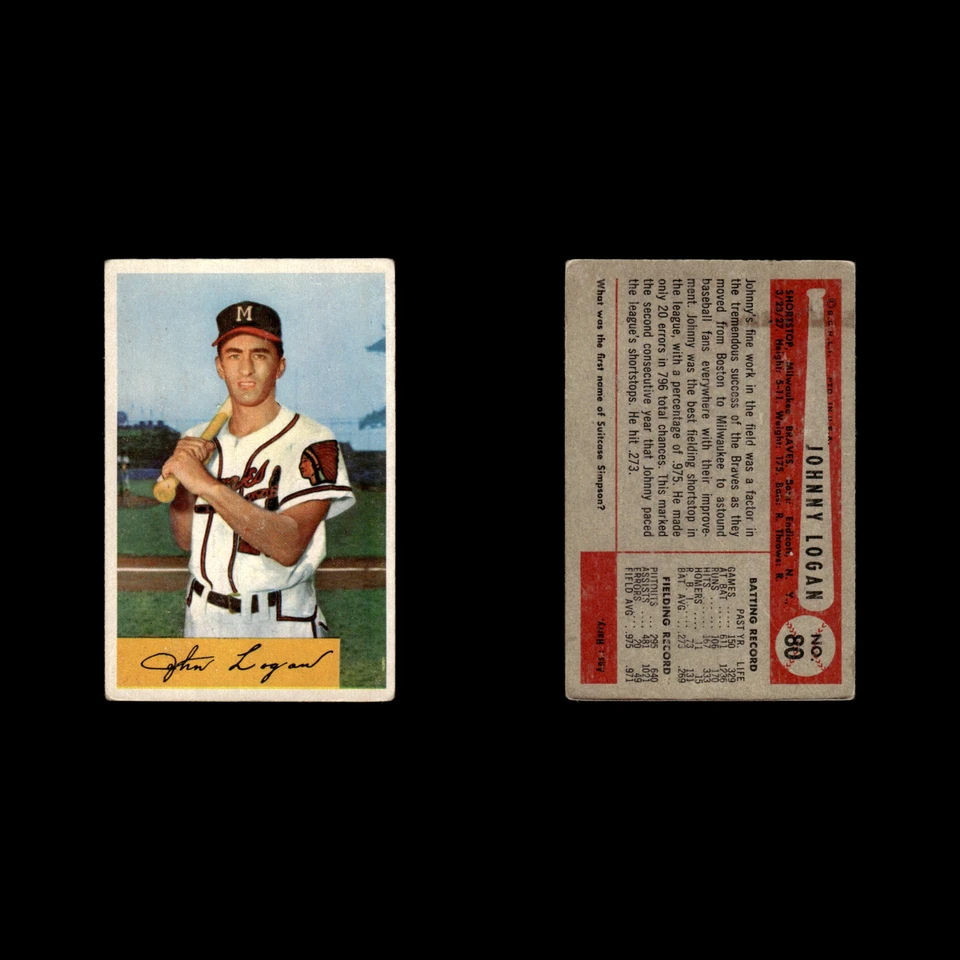 Johnny Logan #80 1954 Bowman Milwaukee Braves Baseball Card MLB EX - Image 3 of 3