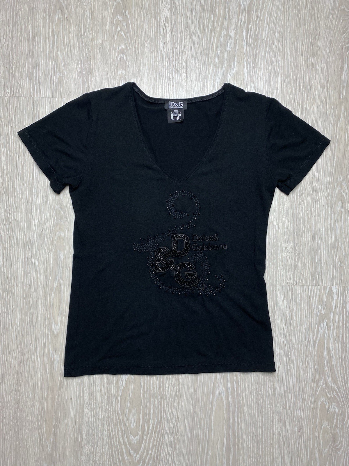 Vintage D&G Dolce & Gabbana Beaded Logo Black T-Shirt V-Neck Women's XL Italy