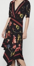 BCBGMaxAzria Womens Small Asymmetrical V Neck Faux Wrap Floral Motif Black Dress