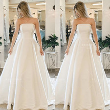 Straight Neck Wedding Dresses Sleeveless Satin White Ivory Beach Bridal Gowns