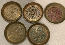 VTG Brass Set Of 5 Hand Etched Bohemian Floral Trinket Dishes Coasters India