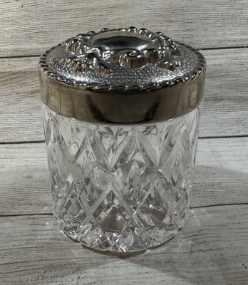 Vintage Heavy Cut Glass Crystal Vanity Dresser Jar with Ornate Silver Lid