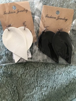 Leather Teardrop Earrings Set Of 2  New Package Black And White - Image 1 of 4