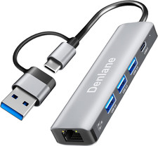 USB C to Ethernet Adapter, 5-in-2 Gigabit USB Hub for Laptop RJ45 LAN Network