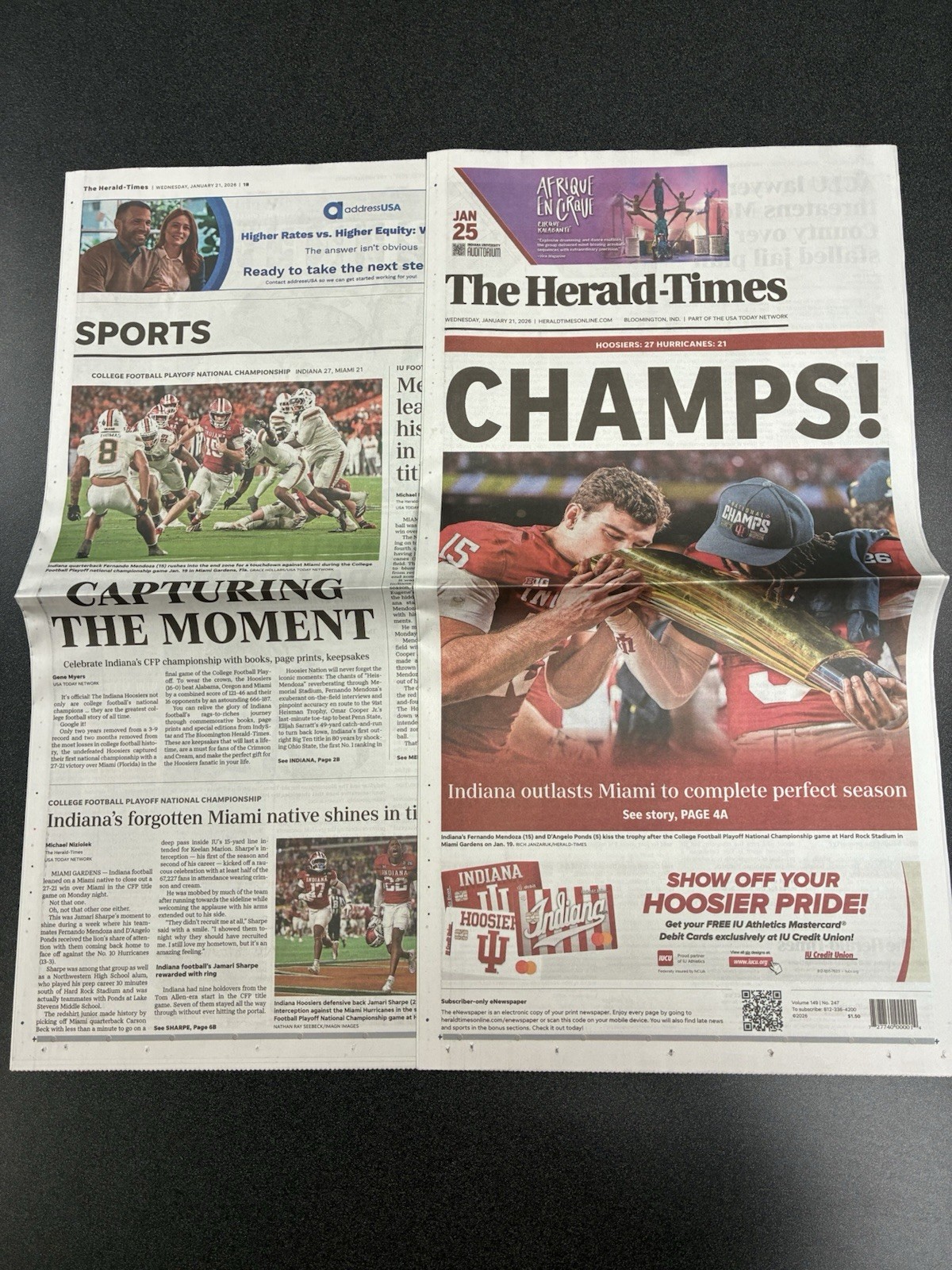 🏈 IU National CHAMPS The Herald Times -Bloomington Jan, 21 2026 Mendoza