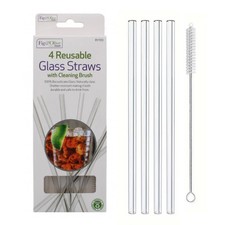 4 x REUSABLE GLASS Drinking Straws with Cleaning BRUSH Party Use Shake Straw UK