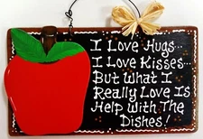 APPLE Hugs~Kisses~Dishes KITCHEN SIGN Country Decor Wall Art Hanger Wood Plaque