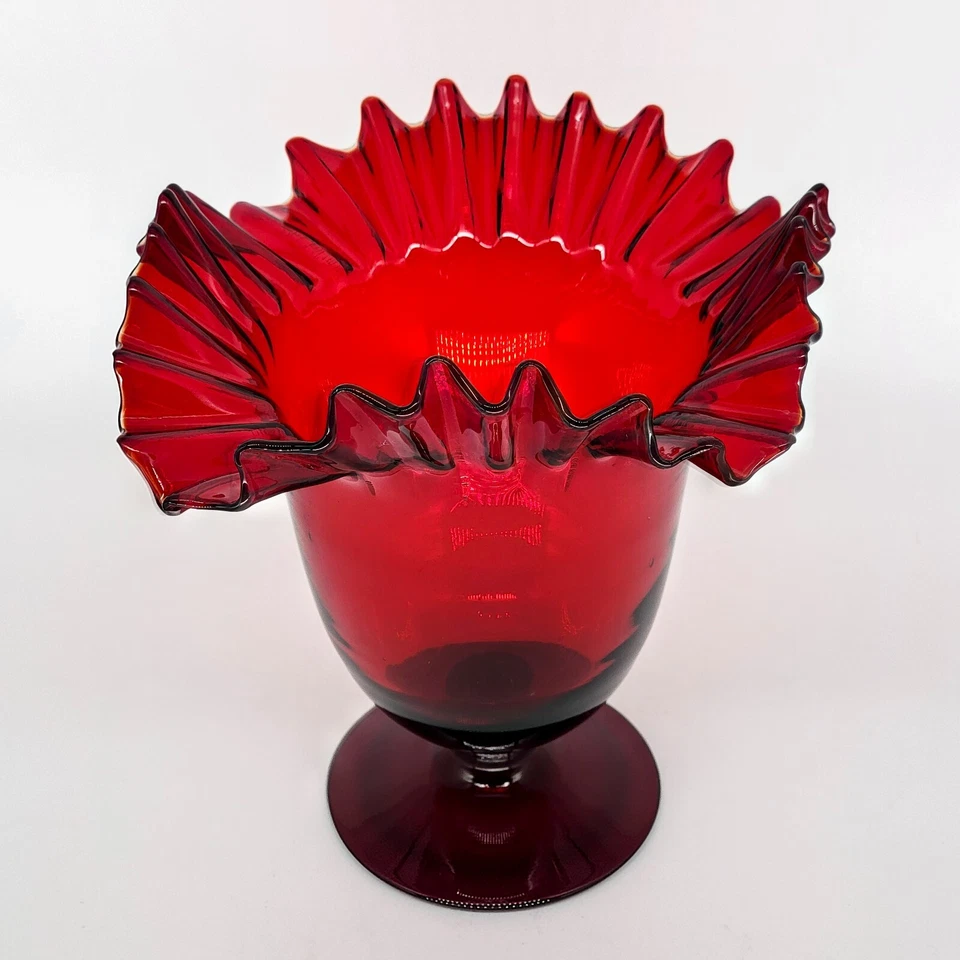 Vintage Blenko Ruby Red Ruffle Top Vase 8'' 388 1930's-40's - Image 4 of 4