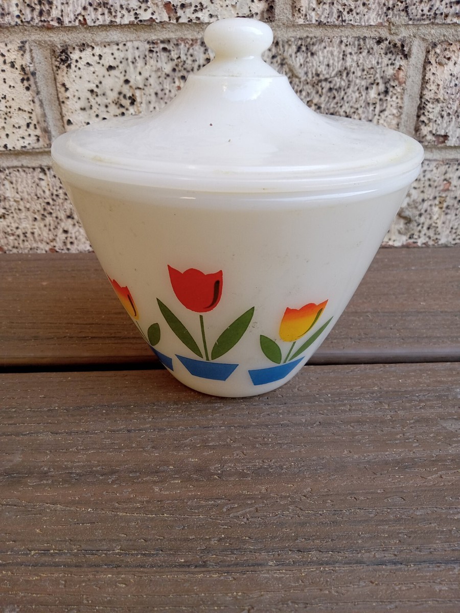 Vintage Anchor Hocking Fire King Tulip Ivory Grease Jar with Lid