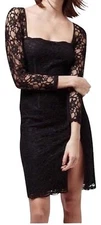 Topshop Womens Black Square Neck Long Sleeve Lace Sheath US 6 Cocktail Dress