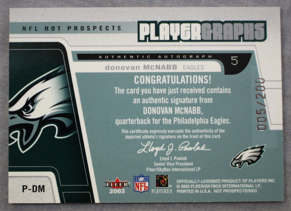 Donovan McNabb Auto 2003 Fleer Hot Prospects Player Graph Autograph 1/1  #5/200 - Image 2 of 3
