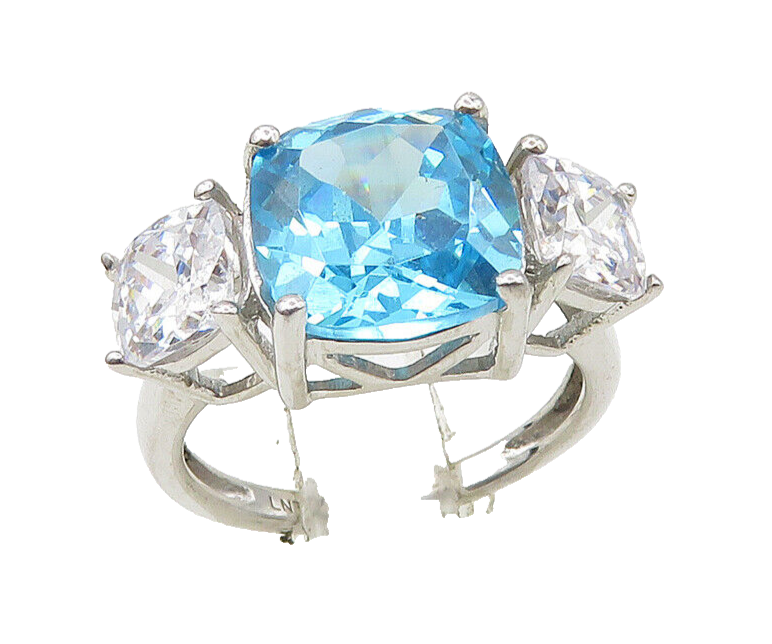 925 Silver Vintage Blue Topaz & Cubic Zirconia Shiny Band Ring Sz