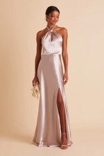 Birdy Grey Monica Halter Neck Satin Dress Taupe High Slit Open Back Size XS