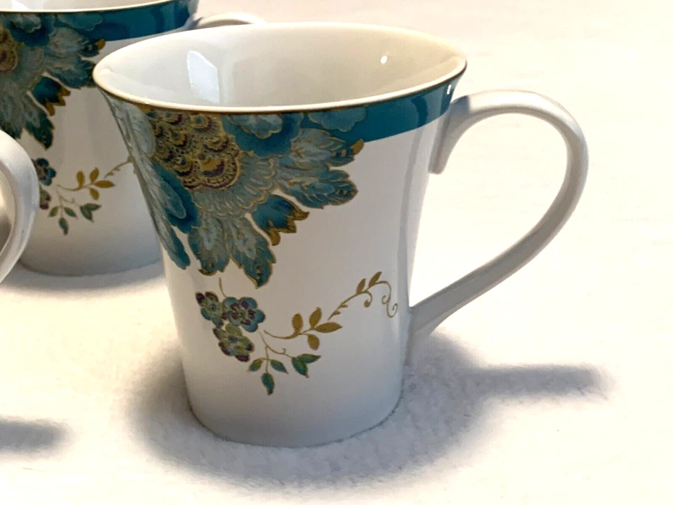 222 Fifth Eliza Teal Mug SET OF 4 Floral Peacock - Image 2 of 4